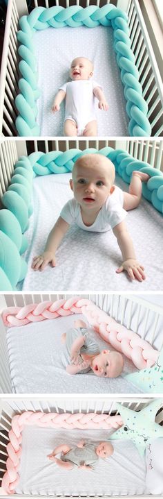 a baby laying in a crib with blue and pink decorations on the sides, and an image of a sleeping baby