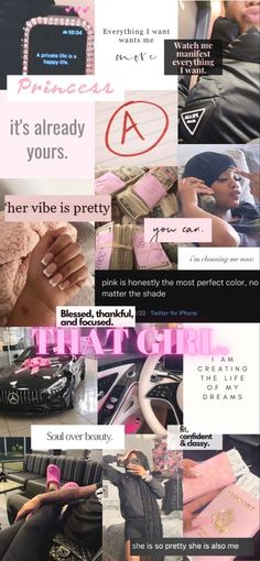 a collage of photos with pink and black text on them, including an image of a