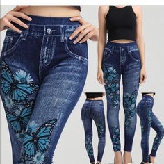 Jeans Look Leggings With Butterfly Print Trendy And Perfect This Time Of Year Jeans Look Leggings With Butterflies Print Polyester See Sizing Chart For Recommendations (Asian Sizing Runs Smaller) Thank You For Checking Out My Closet Please Message Me With Any Questions Before You Purchase Blue Non-stretch Casual Jeggings, Casual Non-stretch Blue Jeggings, Casual High Waist Blue Jeggings, Casual Non-stretch Denim Blue Leggings, Blue High Waist Non-stretch Jeggings, High Waist Blue Jeggings For Spring, Stretch Denim Leggings For Spring, Casual High-waist Denim Blue Leggings, Casual High Waist Denim Blue Leggings