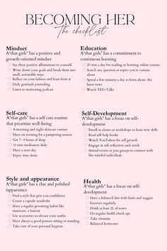 Embrace your summer transformation with the ‘Becoming Her’ checklist! From mindset and education to self-care and health, this guide has everything you need to become ‘that girl.’ Save this pin for daily inspiration and start your journey today! #SummerGlowUp #BecomingHer #SelfImprovement Checklist Ideas Journal, 2025 Vision Board Checklist, Start Your Life Over, How To Start 2025, Self Improvement Content Ideas, 2025 My Glow Up Year, Motivation For Self Care, New Year Transformation, Things I Did This Year Checklist 2024