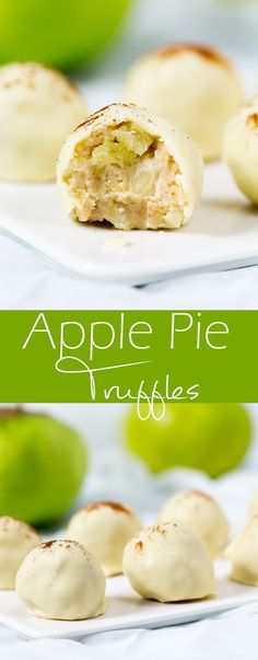 an apple pie truffle on a white plate with green apples in the background