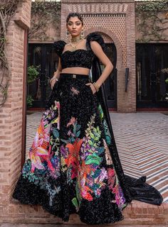 Buy Embellished Bridal Black Lehenga Choli Dress in Heavy Sequins, Gota, Mukesh, Dabke, and Zardozi work for Indian Bridal Wear. Customizable. Fast Shipping Black Bridal Lehenga, Marwar Couture, Sequins Lehenga Choli, Black Bridal Dresses, Black Lehenga Choli, Mehndi Outfit, Goldwork Embroidery, Choli Dress, Reception Outfit