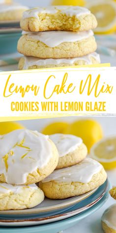 lemon cake mix cookies with lemon glaze are stacked on top of each other in front of some lemons