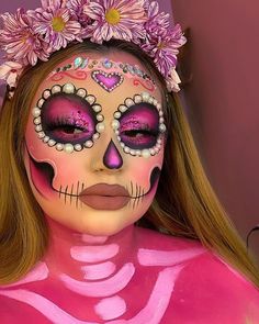 Pink Dia De Los Muertos Makeup Ideas, Pink Day Of The Dead Makeup, Pink Catrina Makeup, Catrinas Neon Makeup, Simple Catrina Makeup, Dia Los Muertos Makeup, Catrina Makeup, Skull Makeup Tutorial, Cute Halloween Makeup