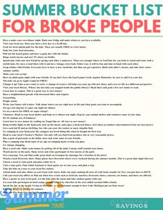 the summer bucket list for broke people is shown in red, green and blue text