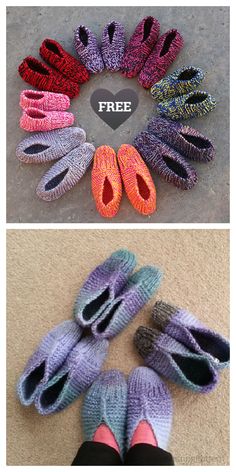 there are several pairs of knitted slippers on the floor and one pair is free