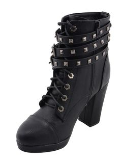 Milwaukee Performance MBL9417 Women’s Black Lace-Up Boots with Triple Strap Studded AccentsFeatures Made of Synthetic Leather Uppers Anti-Slip Bottom Platform Heel Crossover Triple Studded Buckled Straps Milwaukee Signature Hardware Lace-Up with Side Zipper Entry for Easy on and off Wear Milwaukee Leather Performance Apparel: Made for Riders, Built to Last Edgy Black Heels With Rivets, Fitted Black Boots With Rivets, Black Heels With Rivets And Round Toe, Black Riveted Boots For Night Out, Black Boots With Rivets For Night Out, Leather Fingerless Gloves, Black Lace Up Boots, Frye Boots, Signature Hardware