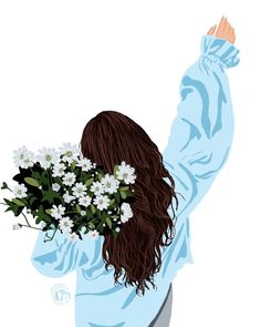 a drawing of a woman holding flowers in her hands