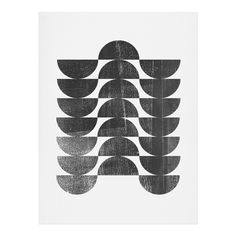 a black and white poster with an abstract design in the shape of leaves on a white background