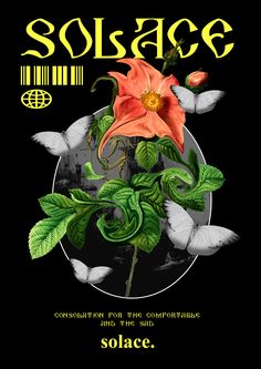 a poster with an orange flower and some white birds flying around it on a black background