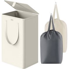 two bags with handles are shown next to one bag and the other has a zippered top