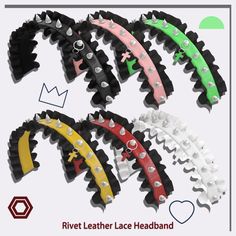 five different colored leather lace headbands with metal rivets on each side