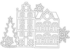 a house with trees and snowflakes on the roof is outlined in black and white