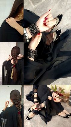 four different pictures of woman in black dress and high heeled shoes with bracelets