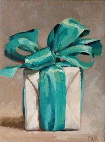 a painting of a wrapped present box with green ribbon on the top and bottom, against a neutral background