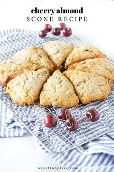 cherry almond scone recipe on a cooling rack with cherries around it and text overlay