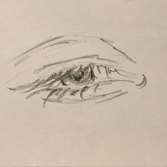 a pencil drawing of an eye looking down at something in the distance with only one eye visible