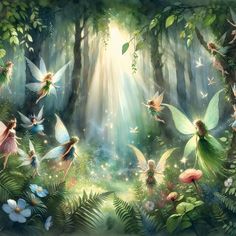 a painting of many different kinds of fairy wings in the forest with flowers and plants