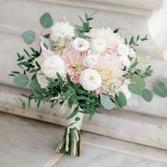 bridal bouquet with white and pastel pinks, dahlias, ranunculus, lisianthus, astilbe and eucalyptus Garden Rose And Eucalyptus Bouquet, Light Pink And White Wedding Bouquet, Light Pink Dahlia Bouquet, Dahlia Eucalyptus Bouquet, Wedding Bouquets With Dahlias, Light Pink Bridesmaid Bouquet, White And Light Pink Wedding Flowers, White And Pink Wedding Bouquet, White And Pink Bridal Bouquet