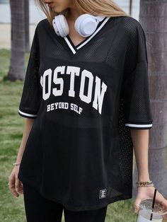 Women's Mesh Digital Printed Loose T-Shirt Black Casual  Half Sleeve Woven Fabric Letter,Striped  Slight Stretch  Women Clothing, size features are:Bust: ,Length: ,Sleeve Length: Fabric Letters, Women T Shirts, Black Casual, Half Sleeve, Fashion Online Shop, Half Sleeves, Sports Equipment, Online Fashion, All Fashion