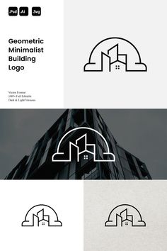 the logo for geometric minimalist buildings is shown in three different colors and styles, including black