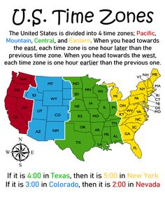 the united states divided into 4 times zones pacific, central, and eastern when you head towards the east, it is one