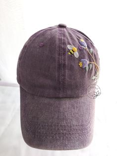 Ready for Shipping Hand Embroidery Flower and Bee Hat Purple - Etsy Vietnam Spring Cotton Hats With Floral Embroidery, Cotton Baseball Cap With Floral Embroidery, Cotton Floral Embroidery Snapback Hat, Floral Embroidery Cotton Snapback Hat, Summer Embroidered Cotton Dad Hat, Cotton Snapback Hat With Floral Embroidery, Spring Cotton Brimmed Baseball Cap, Embroidered Cotton Dad Hat For Summer, Embroidered Cotton Trucker Hat For Summer