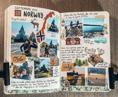 an open travel journal with pictures and words on the pages, including images from different countries