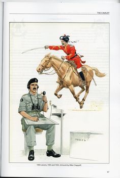 an illustration of a man riding on the back of a horse next to a soldier