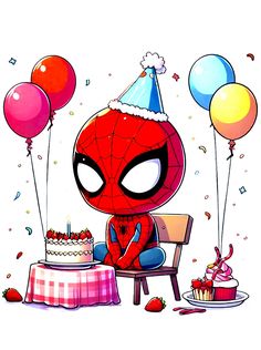 a cartoon spiderman sitting in front of a birthday cake