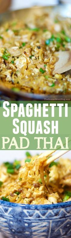 spaghetti squash pad thai in a blue bowl