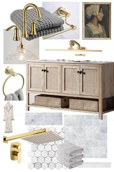 bathroom design board with gold fixtures and white marble tiles, including an antique style sink