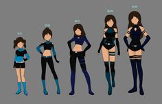 an animated character is shown with different outfits and body shapes, including the woman's torso