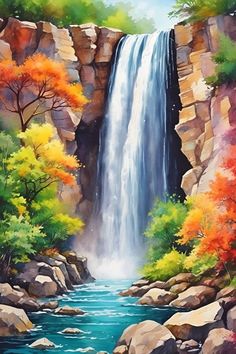 a painting of a waterfall surrounded by rocks and fall trees with leaves on the ground