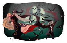 an image of a woman in the woods with birds flying around her and bats coming out of her mouth