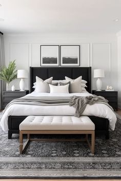 a large bed sitting in a bedroom on top of a rug