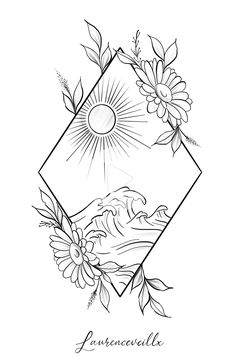 a black and white drawing of flowers with the sun in the sky behind it, surrounded by leaves