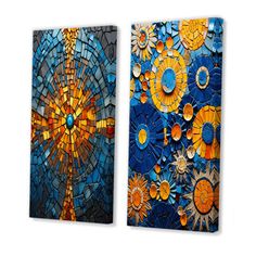 two pieces of art made out of stained glass with different colors and designs on them