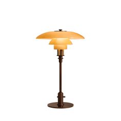 a lamp that is sitting on top of a wooden stand with a white light in the middle