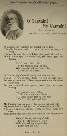 an old book page with the caption'o captain my captain '