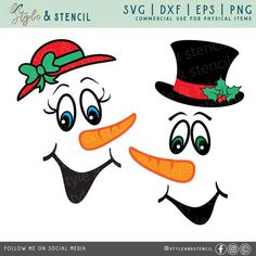 two snowmen with hats and holly leaves on their heads, one is wearing a top hat