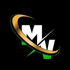 the letter m is made up of gold and white letters with green accents on a black background