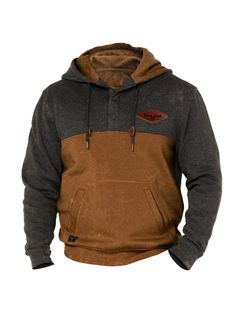 Men Hoodies, Men's Outdoor Retro Fleece Thick Contrast Color Hoodie Brown Cotton Sweatshirt For Outdoor, Outdoor Brown Cotton Sweatshirt, Winter Sports Brown Sweatshirt, Brown Long-sleeved Hoodie For Outdoor Activities, Brown Long Sleeve Hoodie For Outdoor Activities, Brown Fleece Sweatshirt For Outdoor, Brown Sweatshirt With Ribbed Cuffs For Outdoor, Brown Outdoor Sweatshirt With Ribbed Cuffs, Brown Drawstring Hood Sweatshirt For Outdoor