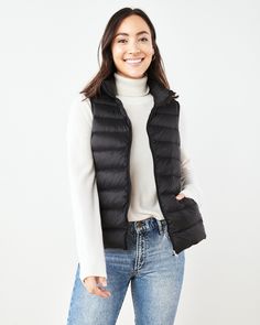 This snug and comfy Lightweight Down Puffer Vest is made with 650-fill certified responsible down. Featuring a stretchy armhole and hem to help seal in warmth, it also has pockets to carry any other winter accessories. Puf Vest, Black Puffer Vest Womens, Black Zip Up Hoodies, Down For It All Vest, Christmas Jacket, Womens Puffer Vest, Black Puffer Vest, Winter Vest, Chore Jacket