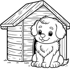 a dog sitting in front of his kennel with the door open to it's house