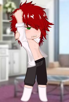 an anime character with red hair and green eyes holding his hands up in the air