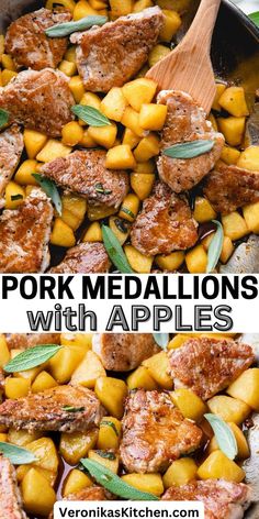 Pork medallions with caramelized apples and fresh sage leaves in a skillet. Pork Medallion Recipes, Pork Tenderloin Medallions, Apple Pork Tenderloin, Pork Medallions, Apple Pork, Grilled Pork