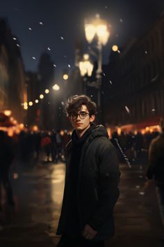 a man standing in the middle of a street at night with snow falling all around him