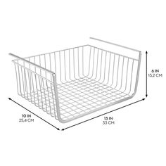 a white wire basket is shown with measurements