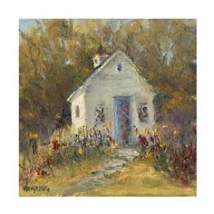 a painting of a white house surrounded by wildflowers and other flowers on a sunny day